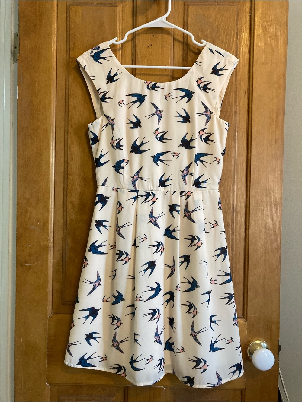 Sunny Girl Cream Fit-&-Flare Dress with Navy and Pink Swallows
